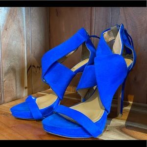 Blue high heels with back zipper detail.